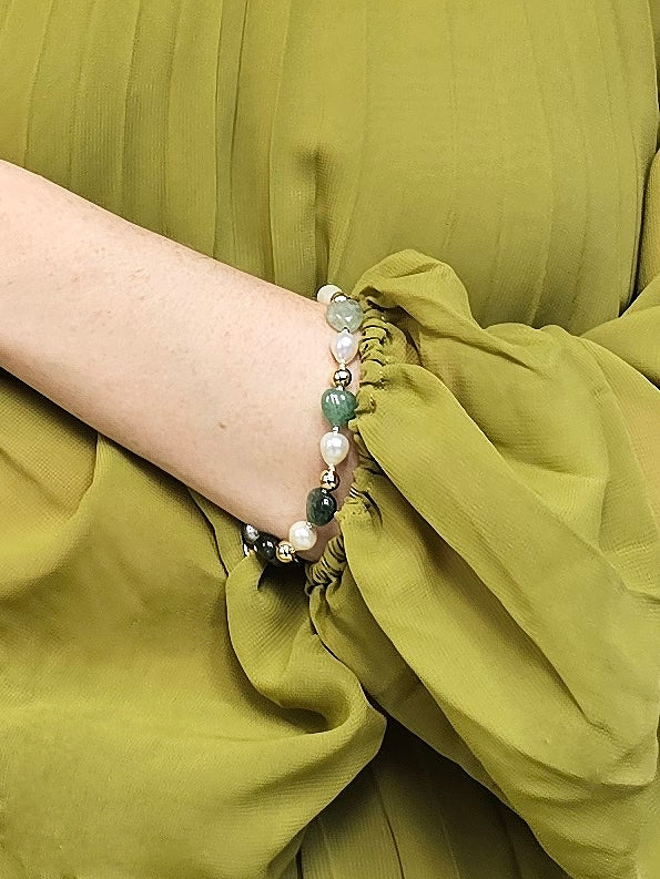 Heart Shaped Green Aventurine With Freshwater Pearls Adjustable Bracelet PB027