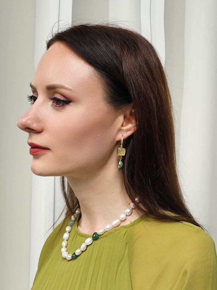 Citrine With Green Amazonite Dangle Earrings PE047
