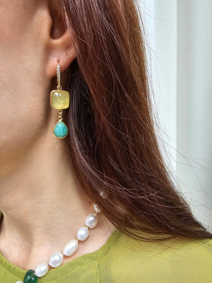 Citrine With Green Amazonite Dangle Earrings PE047