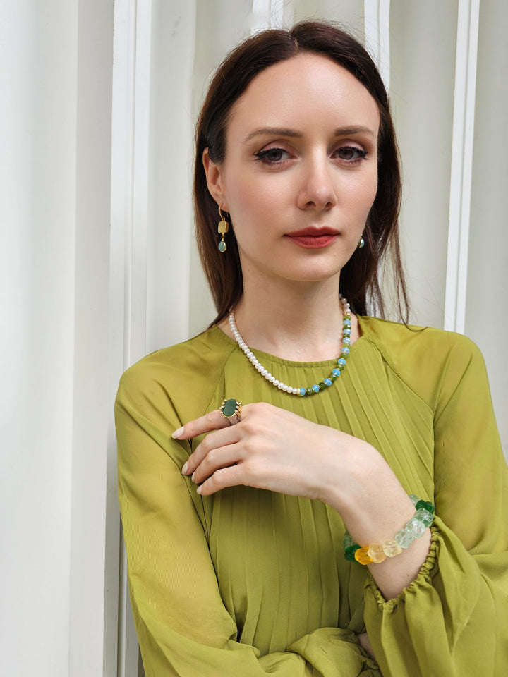 Freshwater Pearls With Green Jade And Opal Color Matching Necklace PN069
