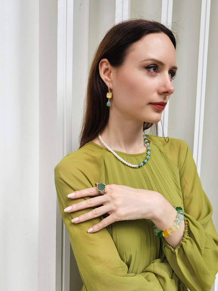 Freshwater Pearls With Green Jade And Opal Color Matching Necklace PN069