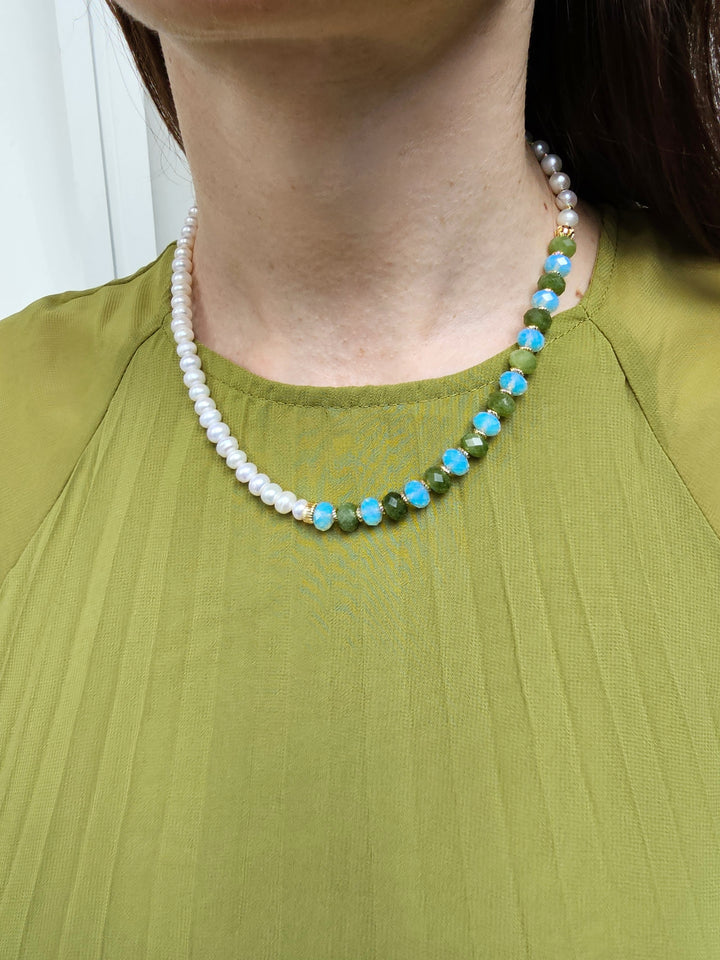 Freshwater Pearls With Green Jade And Opal Color Matching Necklace PN069