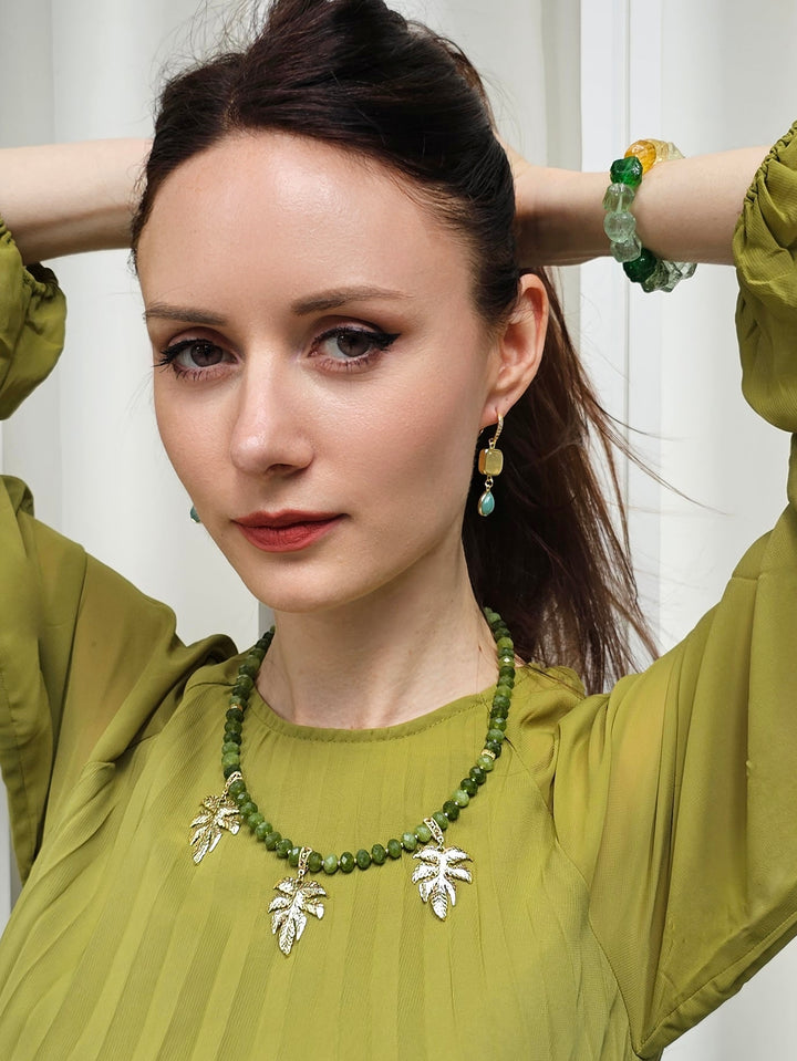 Green Jade With Leaves Pendant Statement Necklace PN066