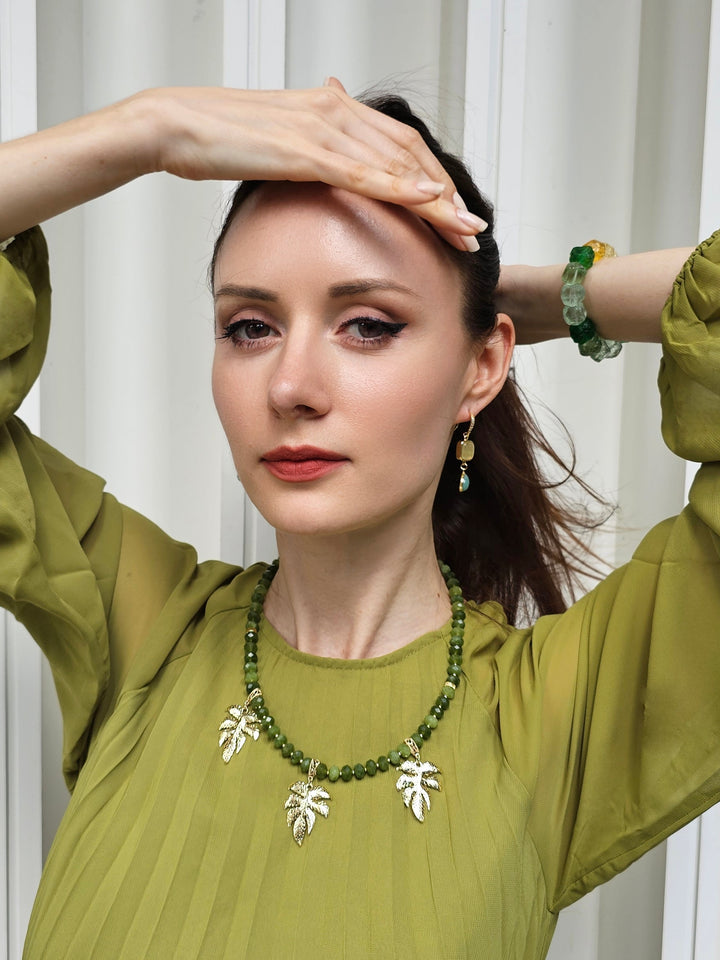 Green Jade With Leaves Pendant Statement Necklace PN066