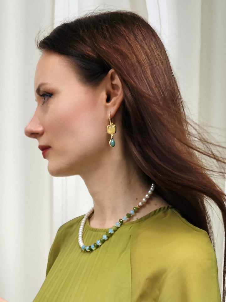 Citrine With Green Amazonite Dangle Earrings PE047