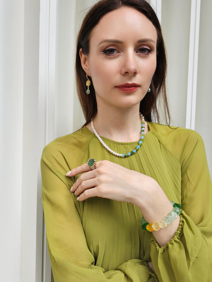 Freshwater Pearls With Green Jade And Opal Color Matching Necklace PN069