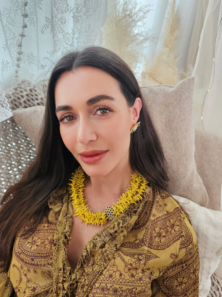 Bohemian Vibrant Multi-Layer Yellow Coral Bamboo Statement Necklace QN001