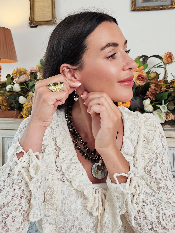 Black Beaded Mushroom Playful Earrings QE022