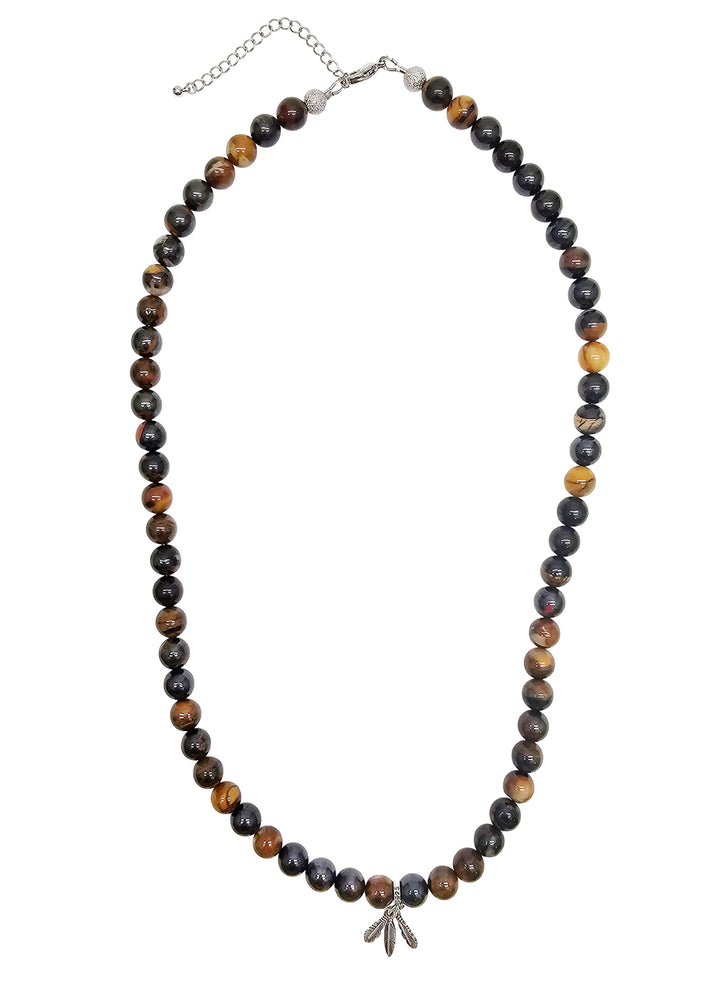 Iron Tiger-eye Stone With Silver Feather Pendant Men's Necklace MEN20