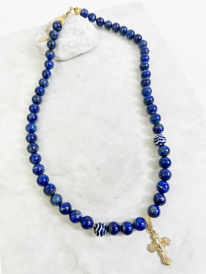 Lapis Cross Pendant Men's Necklace MEN26