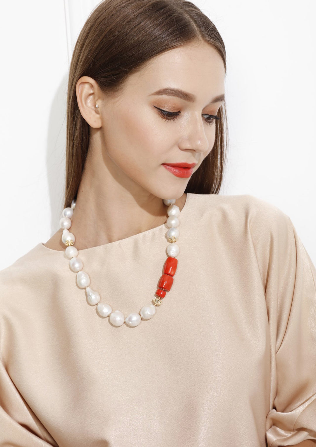 Baroque Freshwater Pearls With Coral Necklace MN031 - FARRA