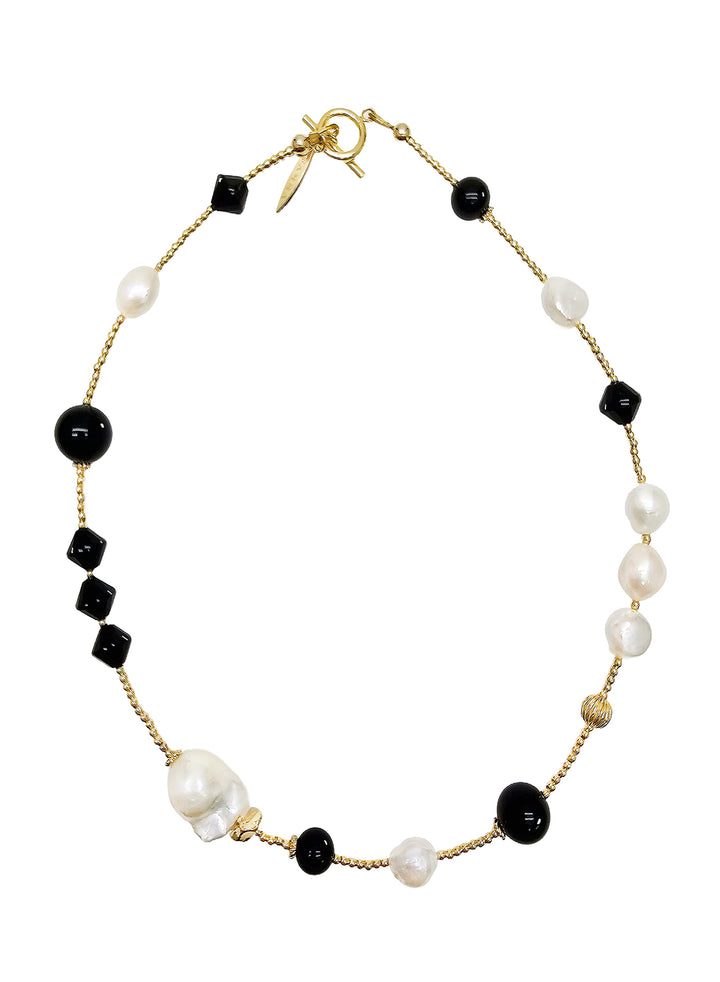 Black Obsidian and White Pearls Double Layers Bracelet / Choker NB001