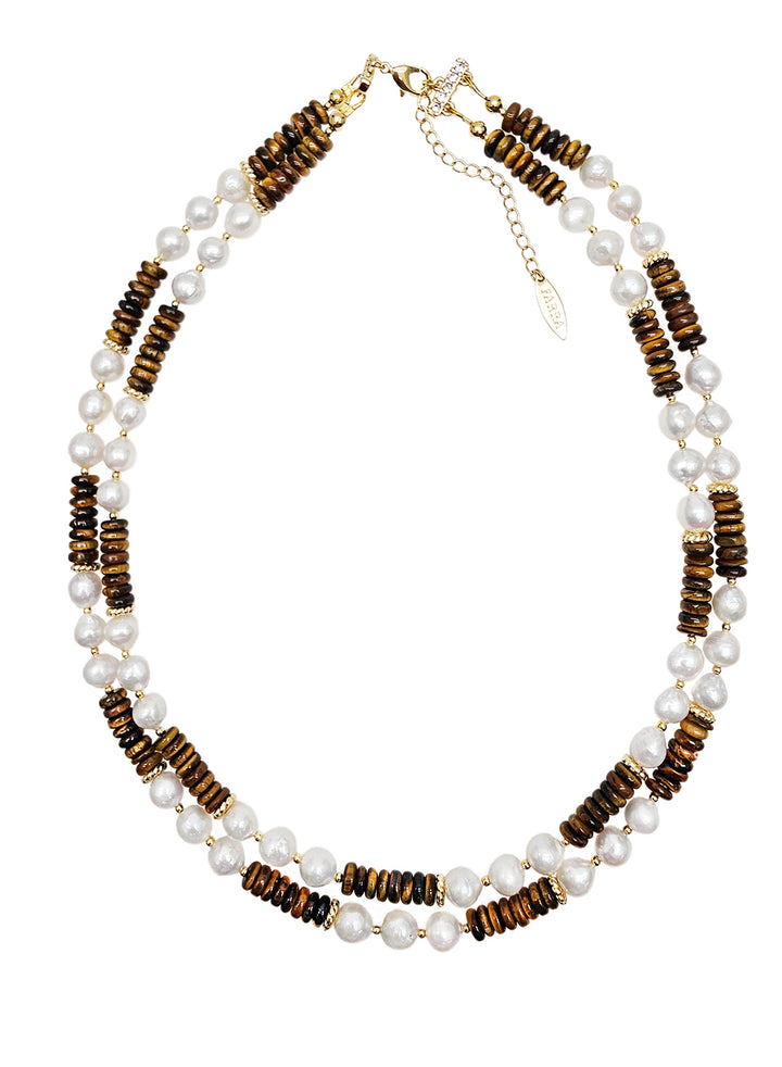 Freshwater Pearls With Tiger Eye Double Layers Necklace NN026