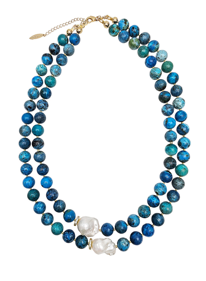 Blue Opal With Baroque Pearls Double Layers Necklace NN047