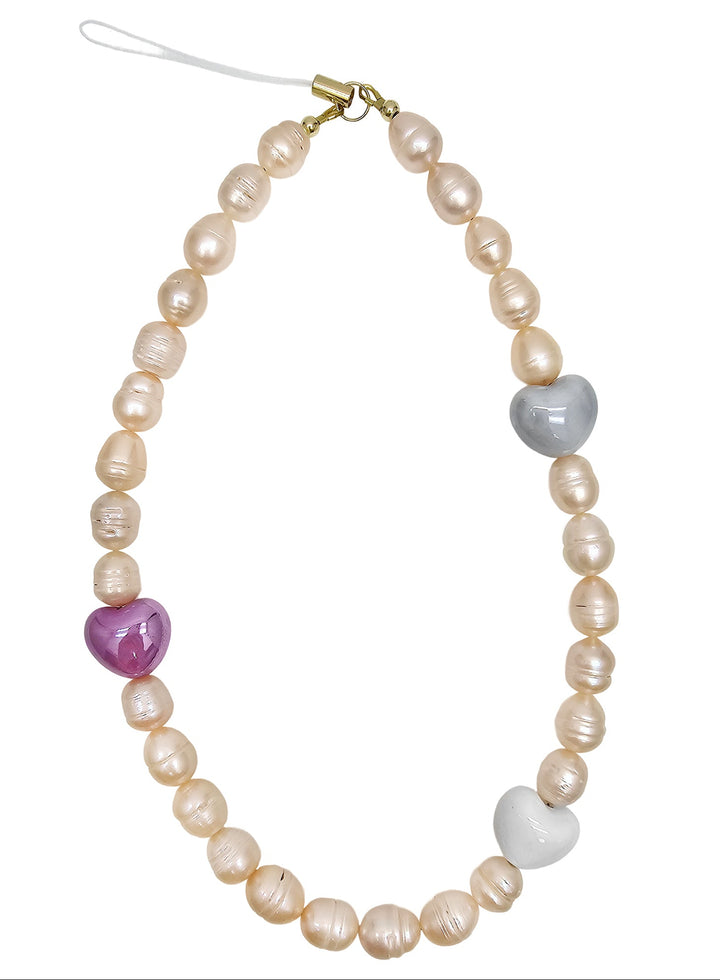 Orange Freshwater Pearls With Hearts Phone Strap PC002
