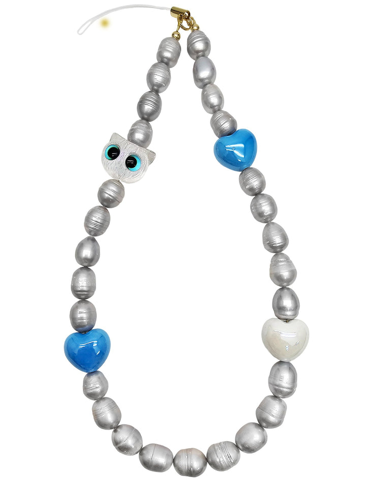 Gray Freshwater Pearls With Cat And Blue Heart Phone Strap PC003