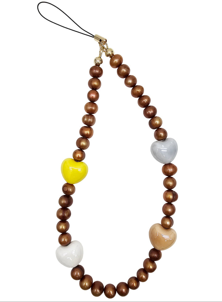 Brown Freshwater Pearls With Hearts Phone Strap PC004