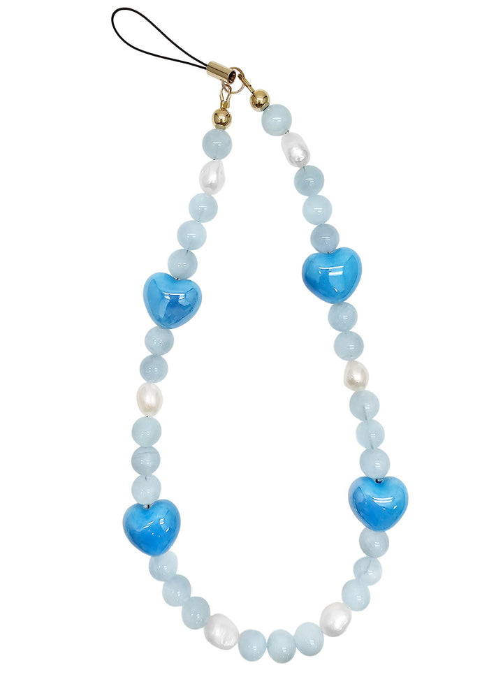 Natural Aquamarine And Freshwater Pearls With Hearts Phone Strap PC005