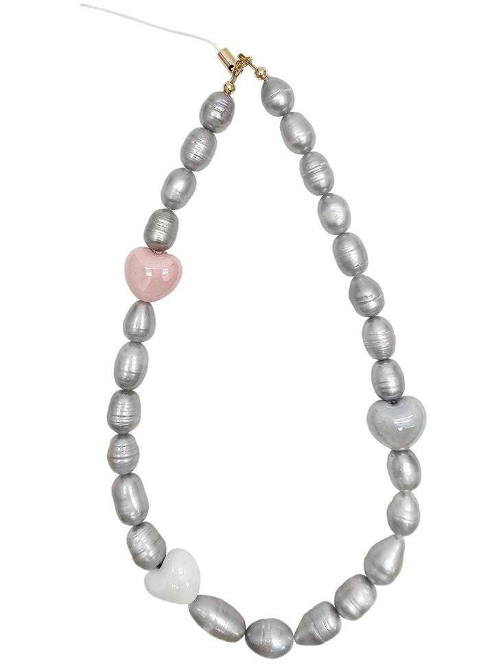 Gray Freshwater Pearls With Pink Hearts Phone Strap PC007