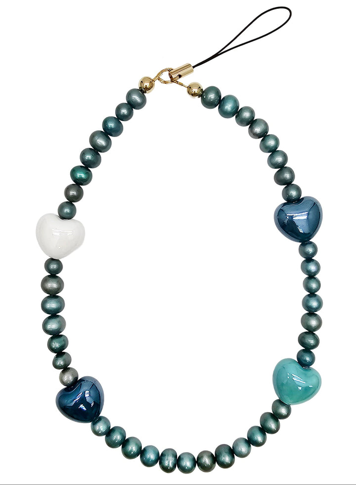 Green Freshwater Pearls With Hearts Phone Strap PC008