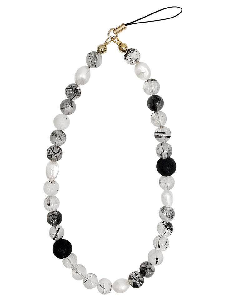 Black Rutilated Quartz With Lava Stone And Pearls Phone Strap PC016