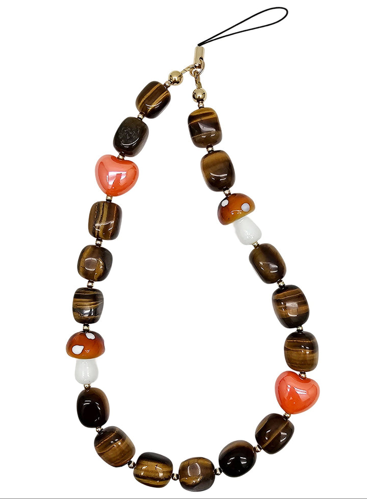 Nugget Tiger-eye With Mushroom And Heart Phone Strap PC024