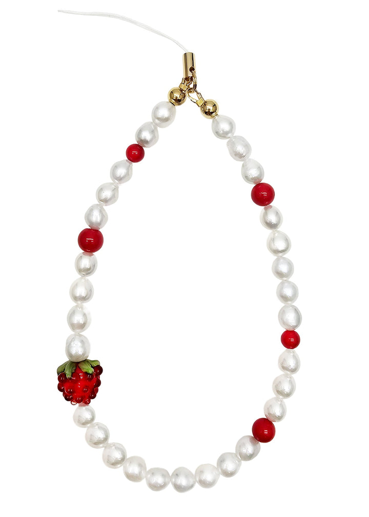 Freshwater Pearls With Red Raspberry And Bamboo Coral Phone Strap PC037