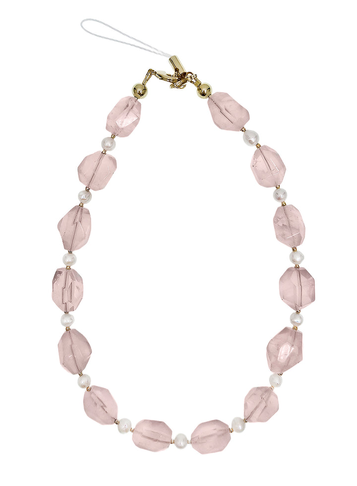 Faceted Rose Quartz With Freshwater Pearls Gemstone Phone Strap PC055