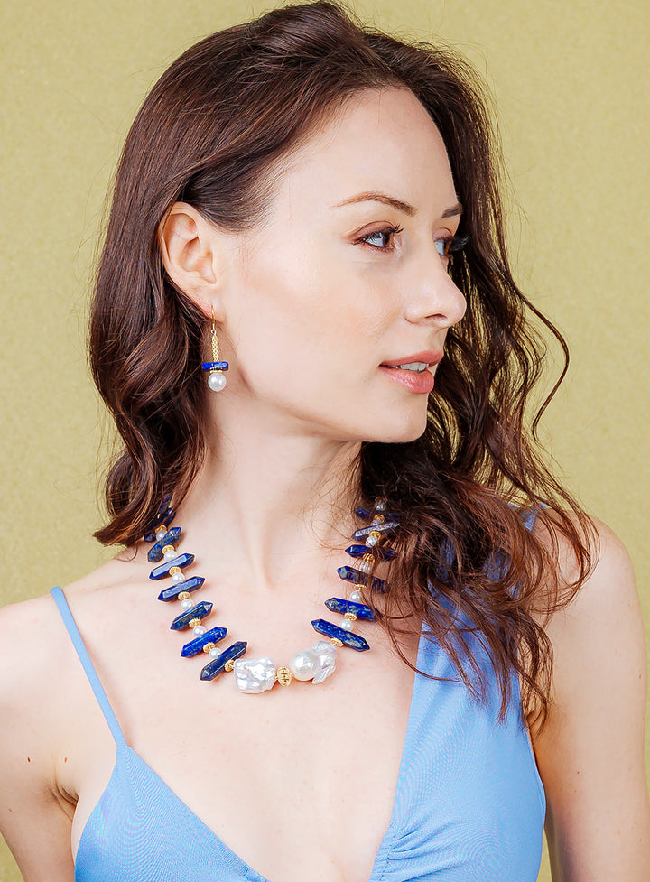 Lapis With Baroque Pearls Stylish Necklace EN020 - FARRA