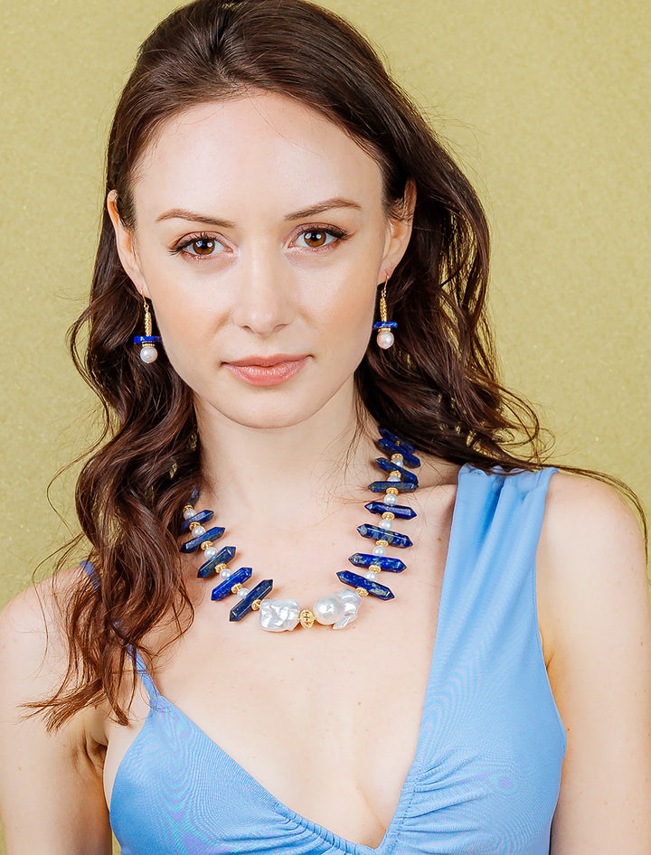 Lapis With Baroque Pearls Stylish Necklace EN020 - FARRA