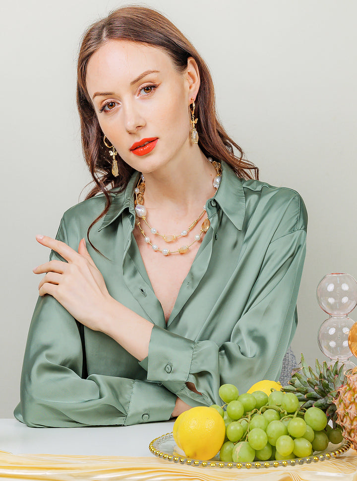 Citrine With Baroque Freshwater Pearl Long Necklace EN046 - FARRA