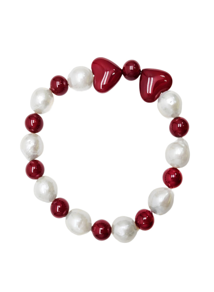 Freshwater Pearl With Red Heart Bowknot Bracelet QB016