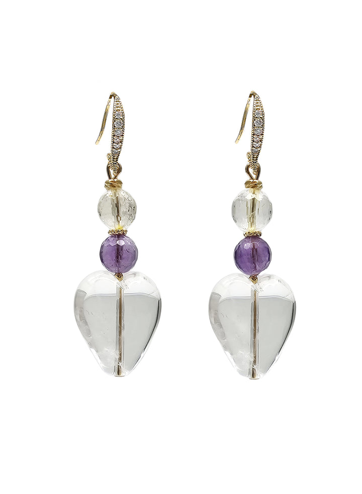 Heart Shaped White Quartz With Amethyst Earrings QE014