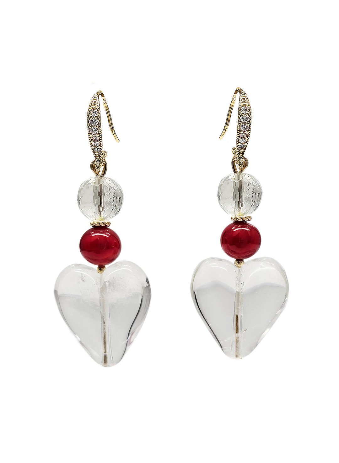Heart White Quartz With Red Bamboo Coral Earrings QE021