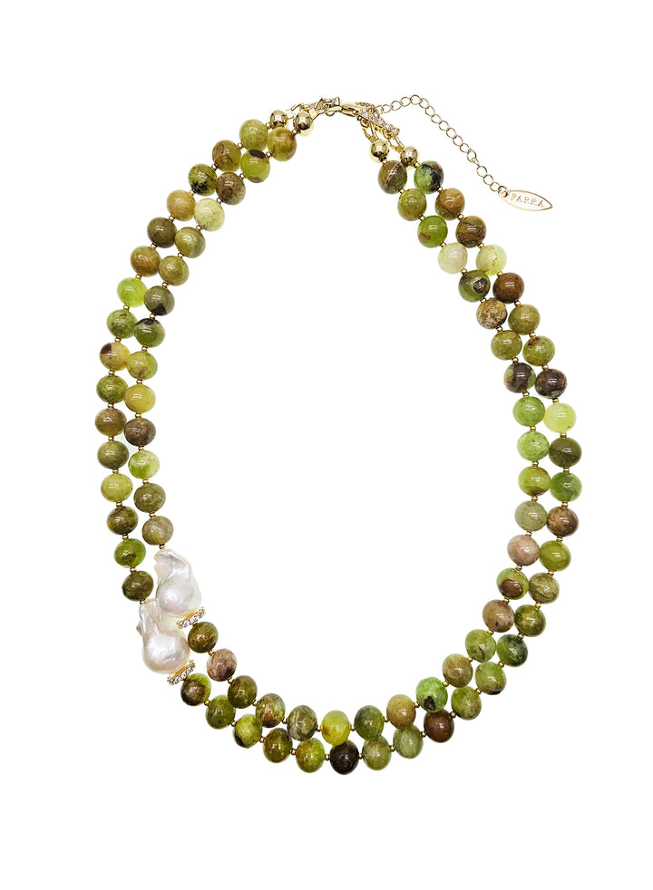 Green Opal With Baroque Pearls Double Layers Necklace QN012