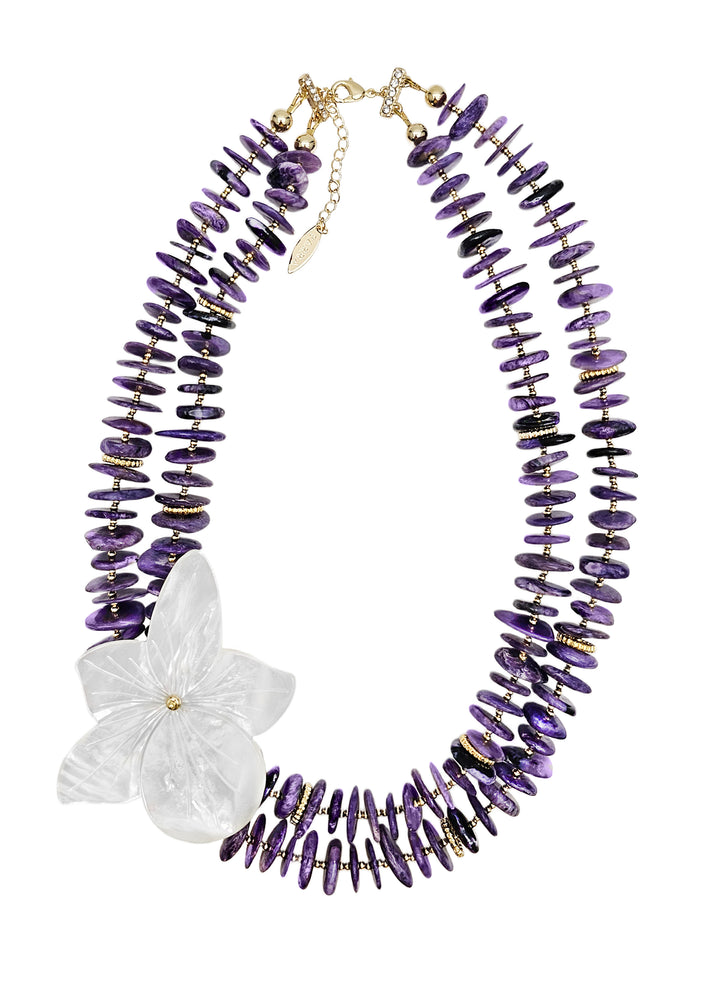 Purple Charoite With Flower Giant Shell Pendant Double Layers Necklace QN025