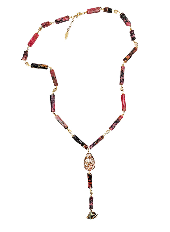 Elegant Y-Shaped Red Rhodonite Necklace with Tassel Accents QN037