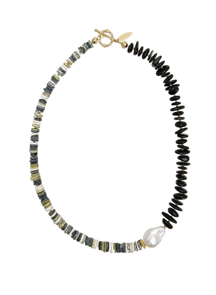 Black Tourmaline And Shells With Baroque Pearl Necklace QN042