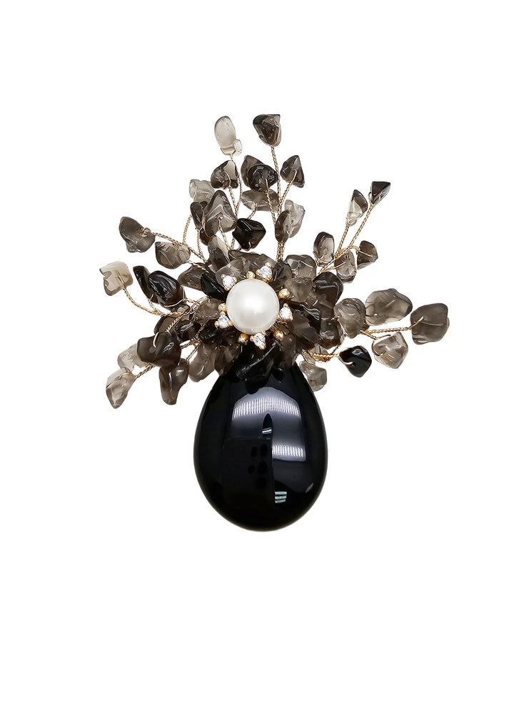 Elegant Black Rutilated Quartz Floral Brooch QP007