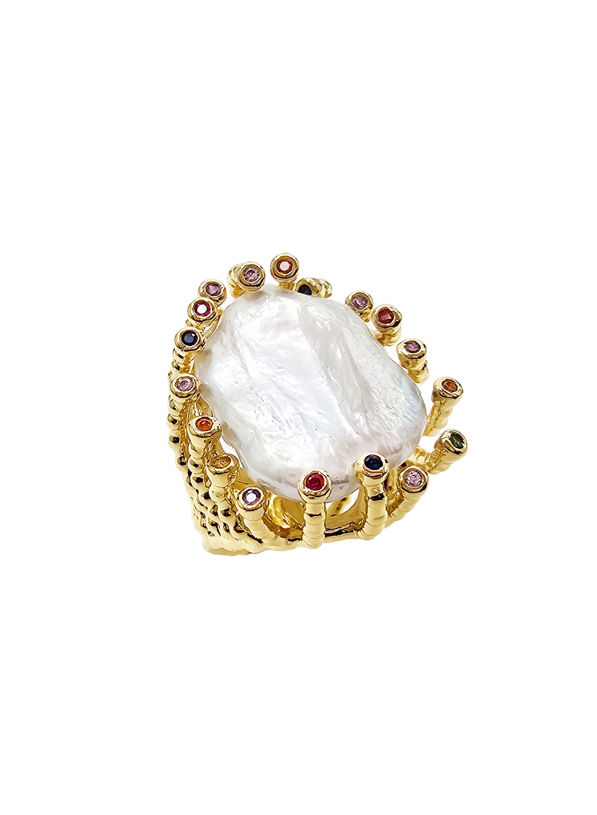 Flat Baroque Pearl With Colorful Zircon Cocktail Ring RP003 – FARRA