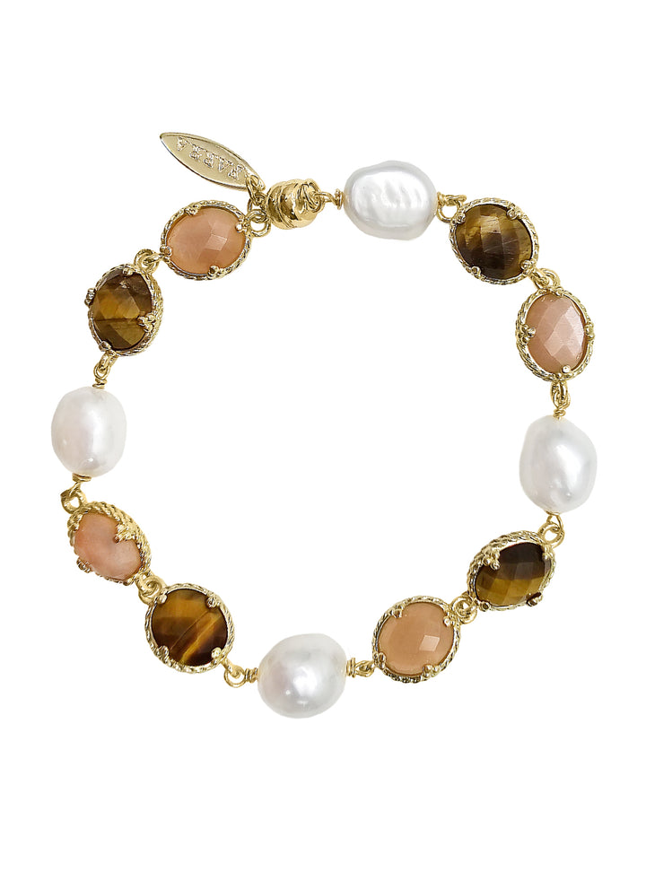 Tiger-eye And Sunstone With Freshwater Pearls Bracelet PB018