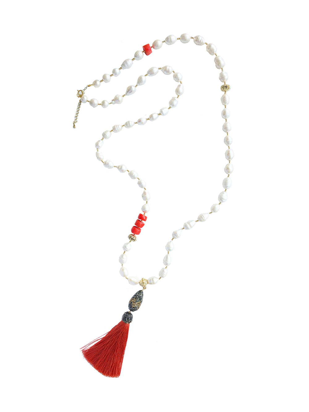 Freshwater Pearls with Coral Tassel necklace MN033 - FARRA