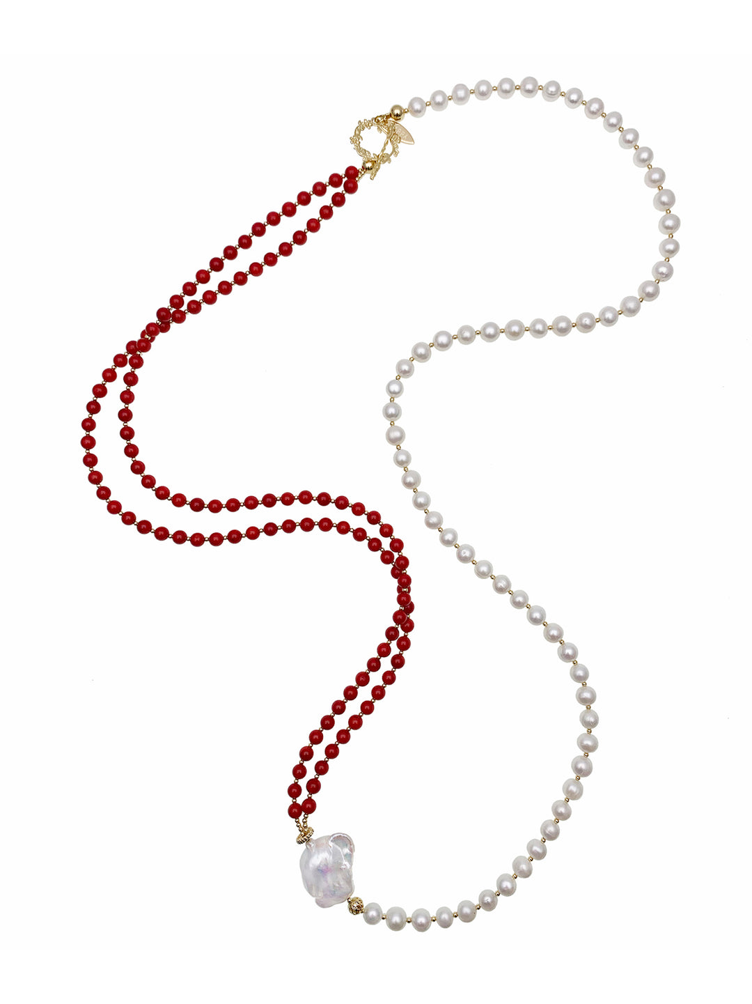 Red Coral & Freshwater Pearls Multi-Way Long Necklace EN038 - FARRA