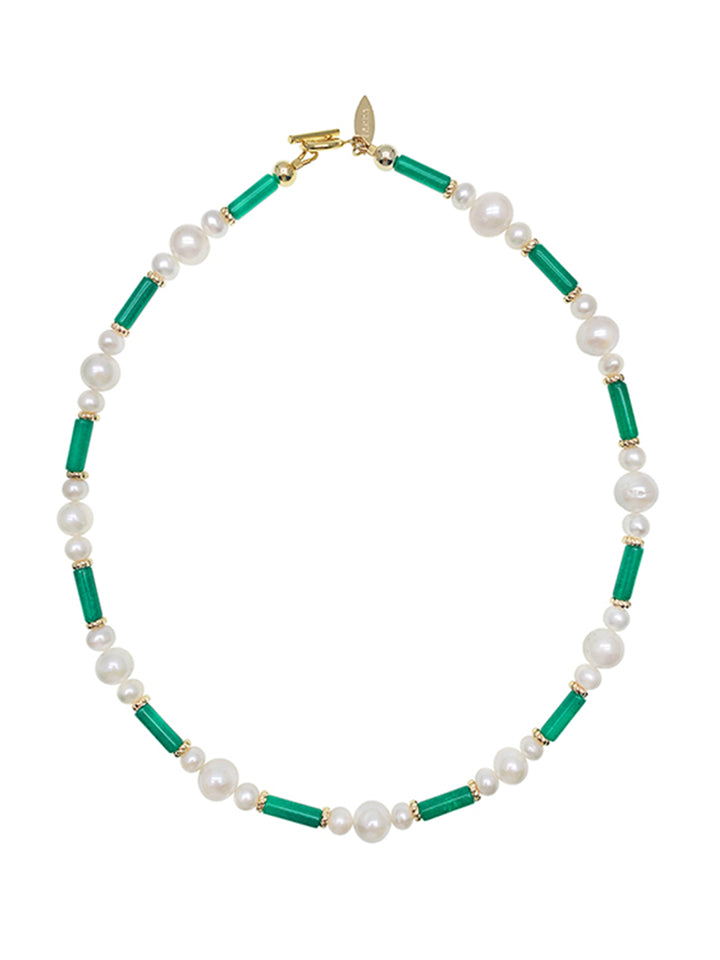 Tube Shaped Green Jade With Freshwater Pearls Necklace HN009 - FARRA