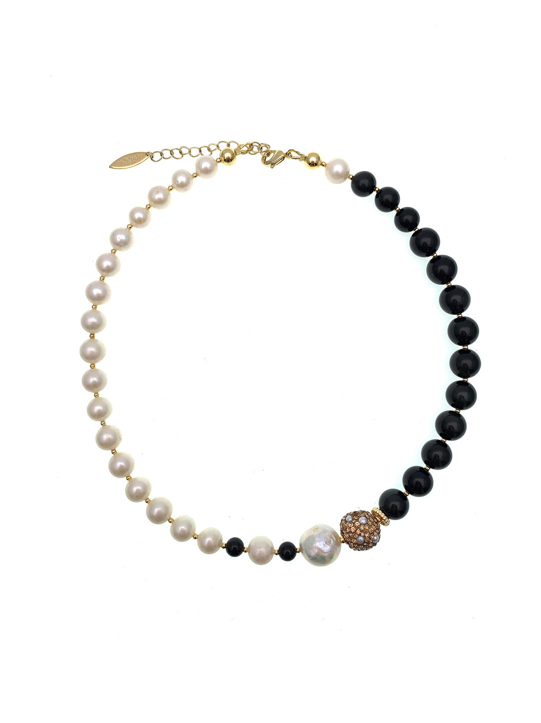 Black Obsidian With White Freshwater Pearls Necklace FN028 - FARRA