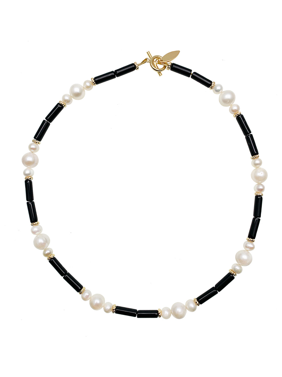 Tube Black Agate With White Pearls Short Necklace HN041 - FARRA