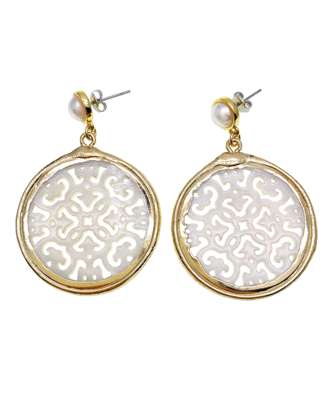 Round Hollow Carved Shell Art Earrings GE023B - FARRA