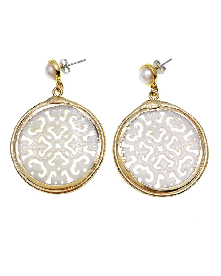 Round Hollow Carved Shell Art Earrings GE023B - FARRA