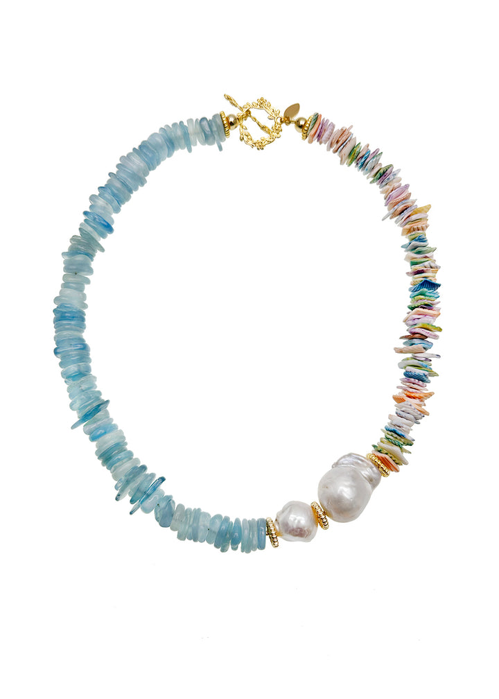 Aquamarine And Colorful Shell With Baroque Pearl Necklace JN042 - FARRA