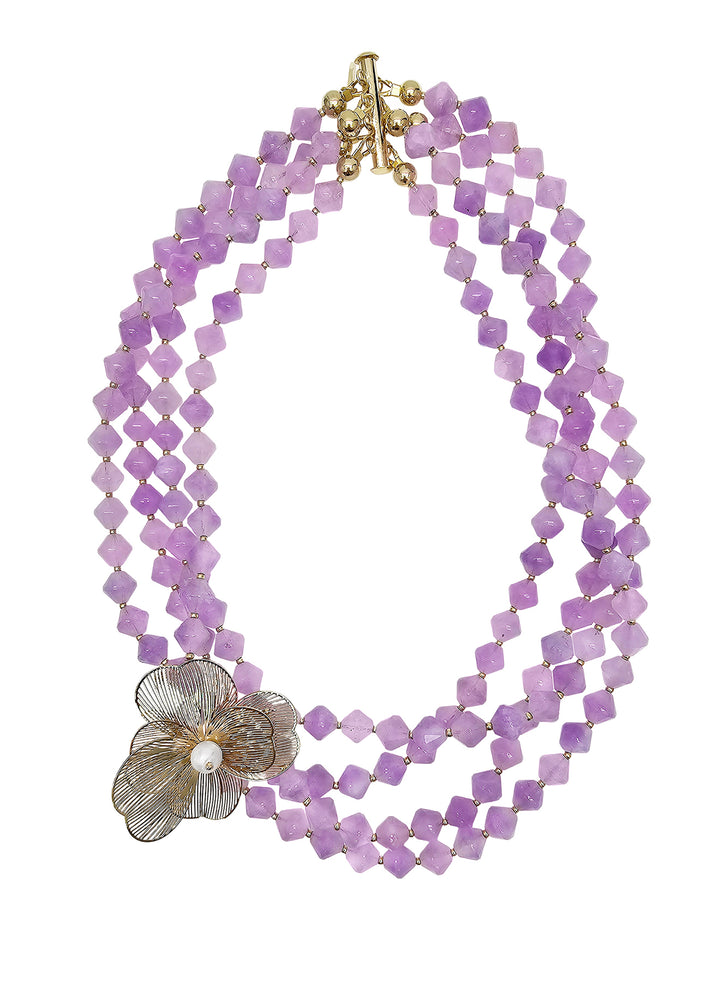 Multi-layers Purple Jade With Flower Charm Necklace PN014